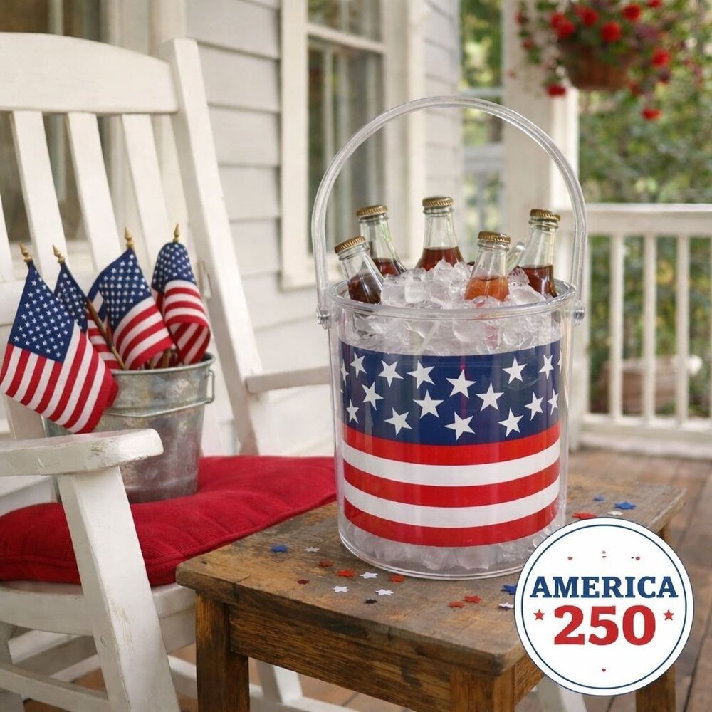 Patriotic Ice Bucket Acrylic Stars Stripes USA Flag VTG Retro Barware Americana